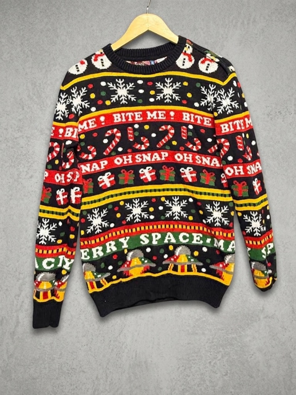 H&M Divided Ugly Christmas Sweater Mens XS Space Alien UFO Snowman Graphic Knit